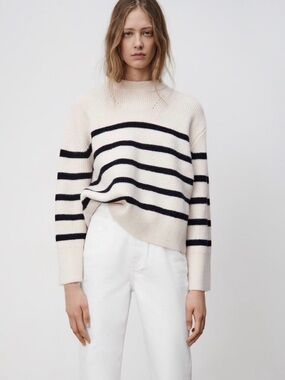 Zara Cream & Black Striped Ribbed Knit Sweater High Neck Pullover SZ SM